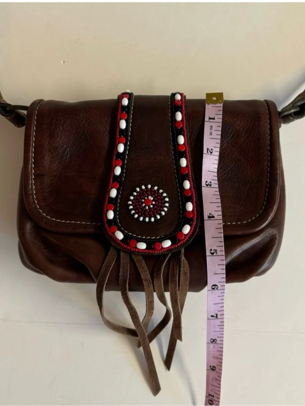 Pikolinos Boho Beaded Brown Leather Crossbody With Red/White/Black Beading
